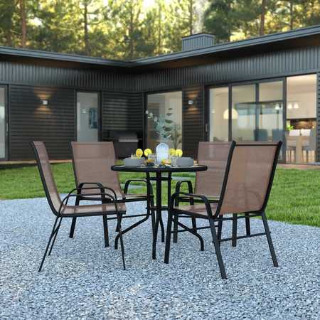 FLASH FURNITURE 5PC Patio Set-31.5RD Glass Table, 4 Brown Chairs TLH-0702303C-BN-GG